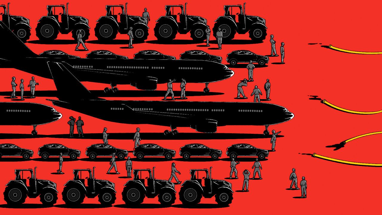 An illustration showing tractors, cars, and airplanes stalled and lined up, juxtaposed with a fuel hose releasing its final drop of oil.