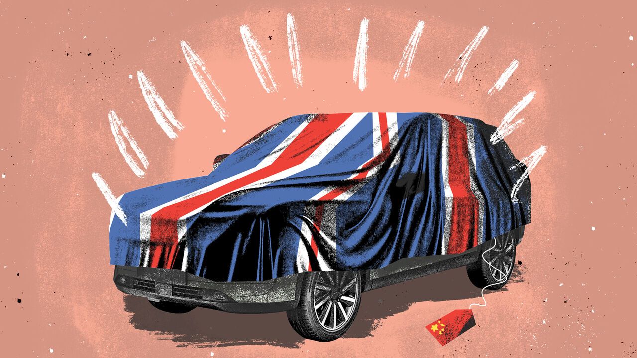 Illustration of the Jaecoo car under a UK flag. The price tag is made of the China flag.