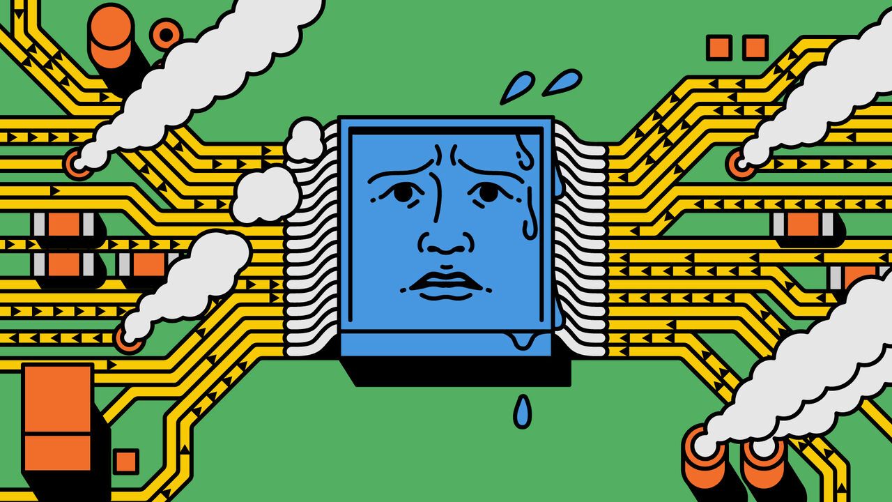 Illustration of a chip with many circuits running into it. The chip looks overworked and is sweating; steam is coming out of the circuits