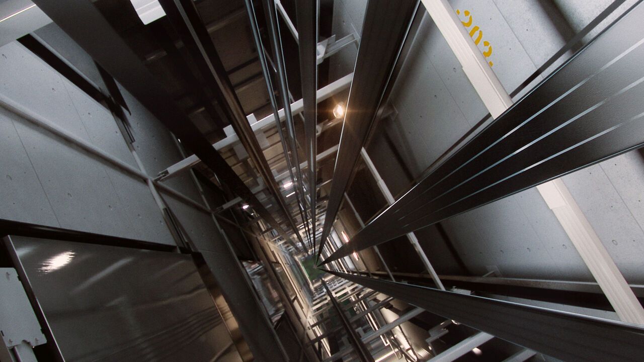 Kone Ultrarope in an elevator shaft.