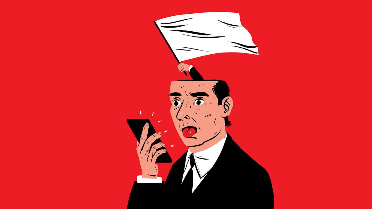 Illustration of a man looking at a phone gormlessly. A hand coming out of the top of his head is waving a white flag