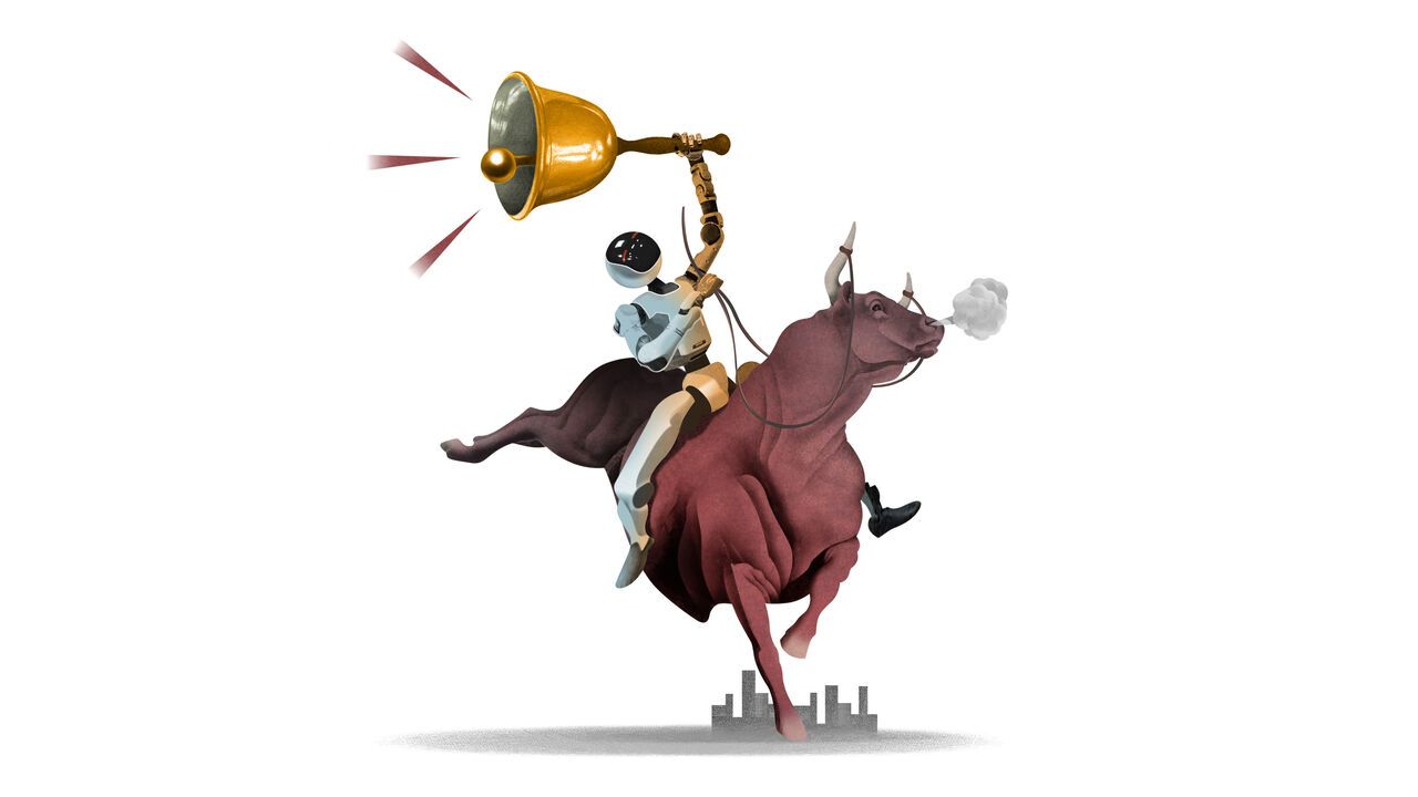 Illustration of a robot riding a bull and ringing a large bell