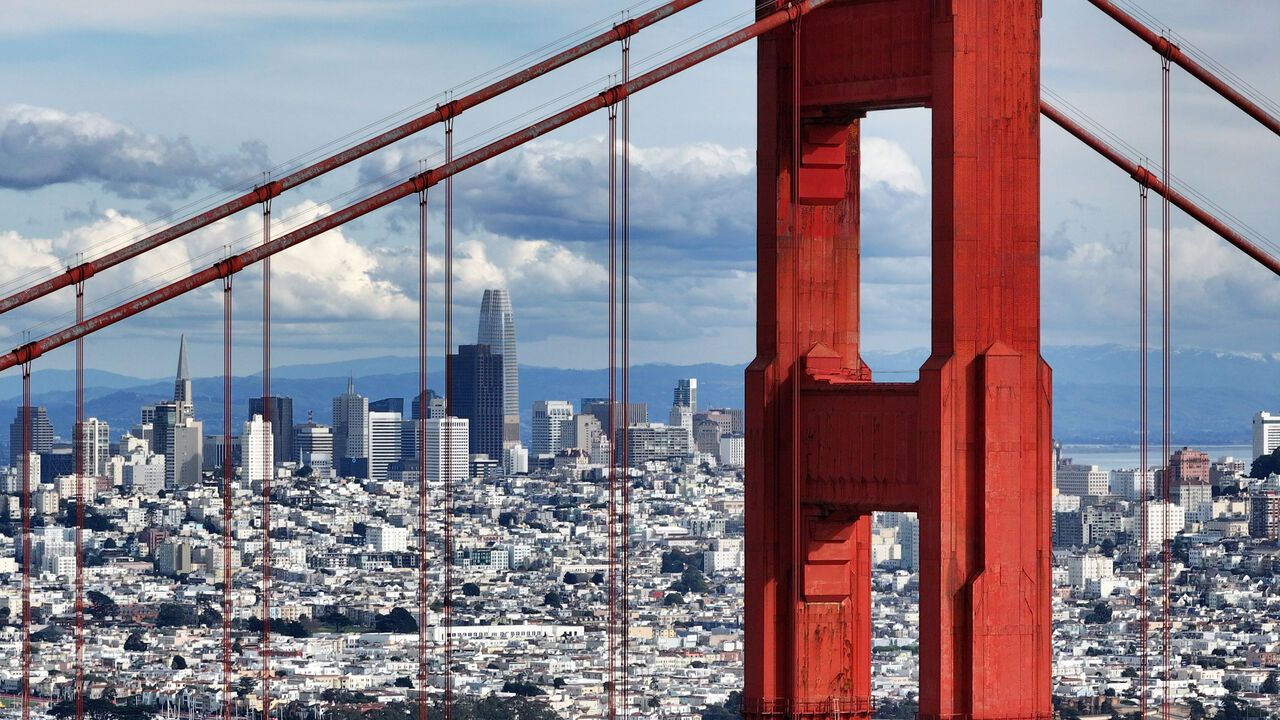 A view of Golden Gate Bridge with the cityscape in the background in San Francisco, California, USA.