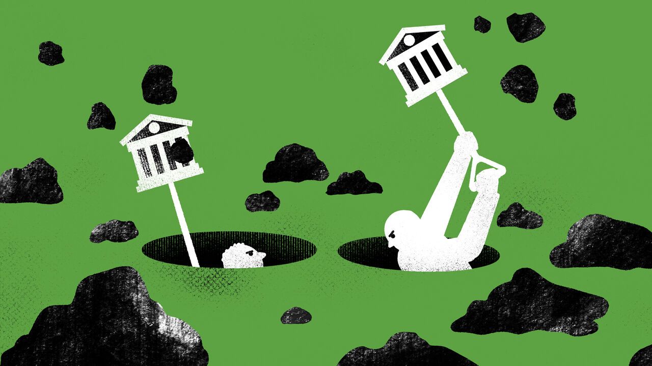 An illustration of people digging holes with shovels made of the central bank.