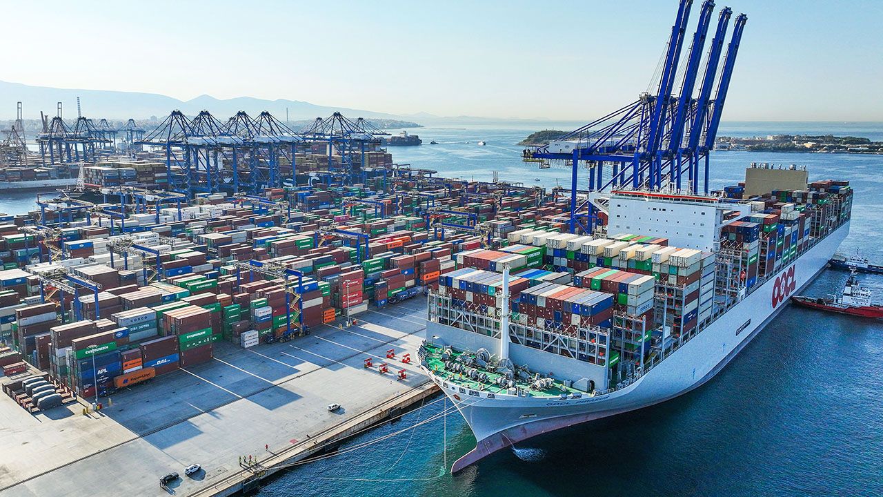 OOCL PIRAEUS, one of the largest container vessels in the world, arriving at port