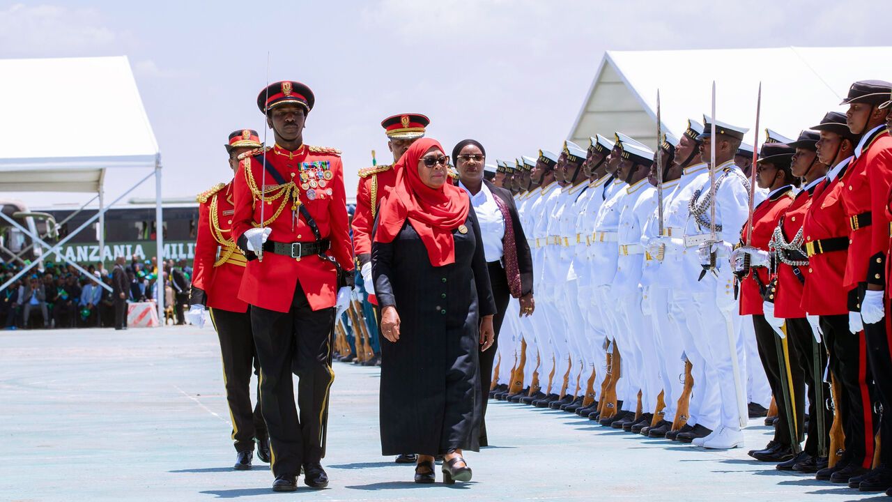 Samia Suluhu Hassan, the Tanzanian president, inspects the guard of honour at the inauguration ceremony