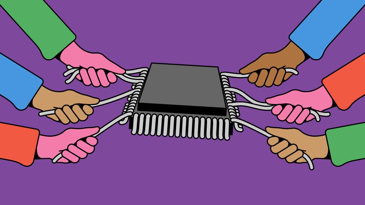 Illustration of six hands tugging at prongs attached to a giant computer chip