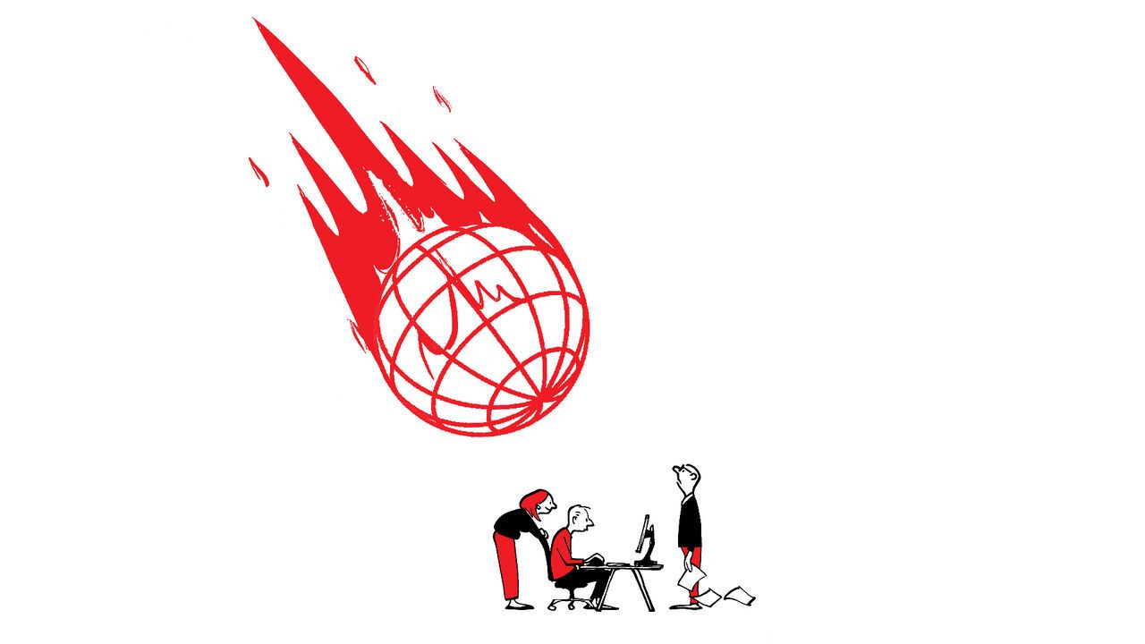 This illustration shows a flaming globe hurtling toward a small group of office workers. It symbolizes a looming global crisis—such as climate change, economic collapse, war, or a major geopolitical shock.The workers appear tiny and vulnerable. One cont
