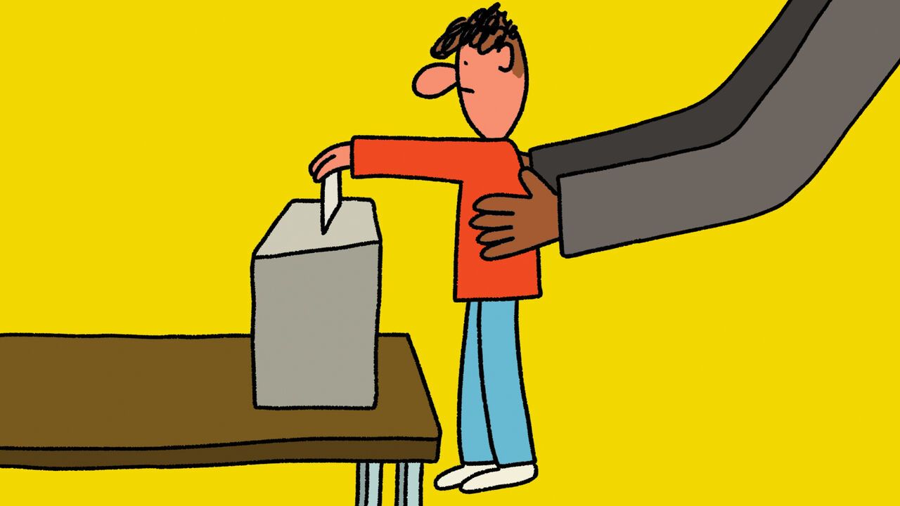 Illustration of a child being lifted by an adult to put their vote in a ballot box.