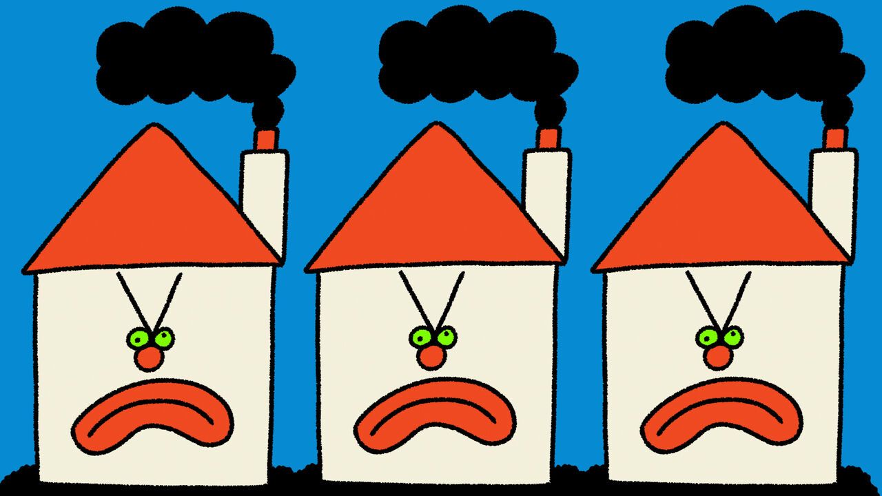 Illustration of three houses looking unhappy with smoke coming out of their chimney. 