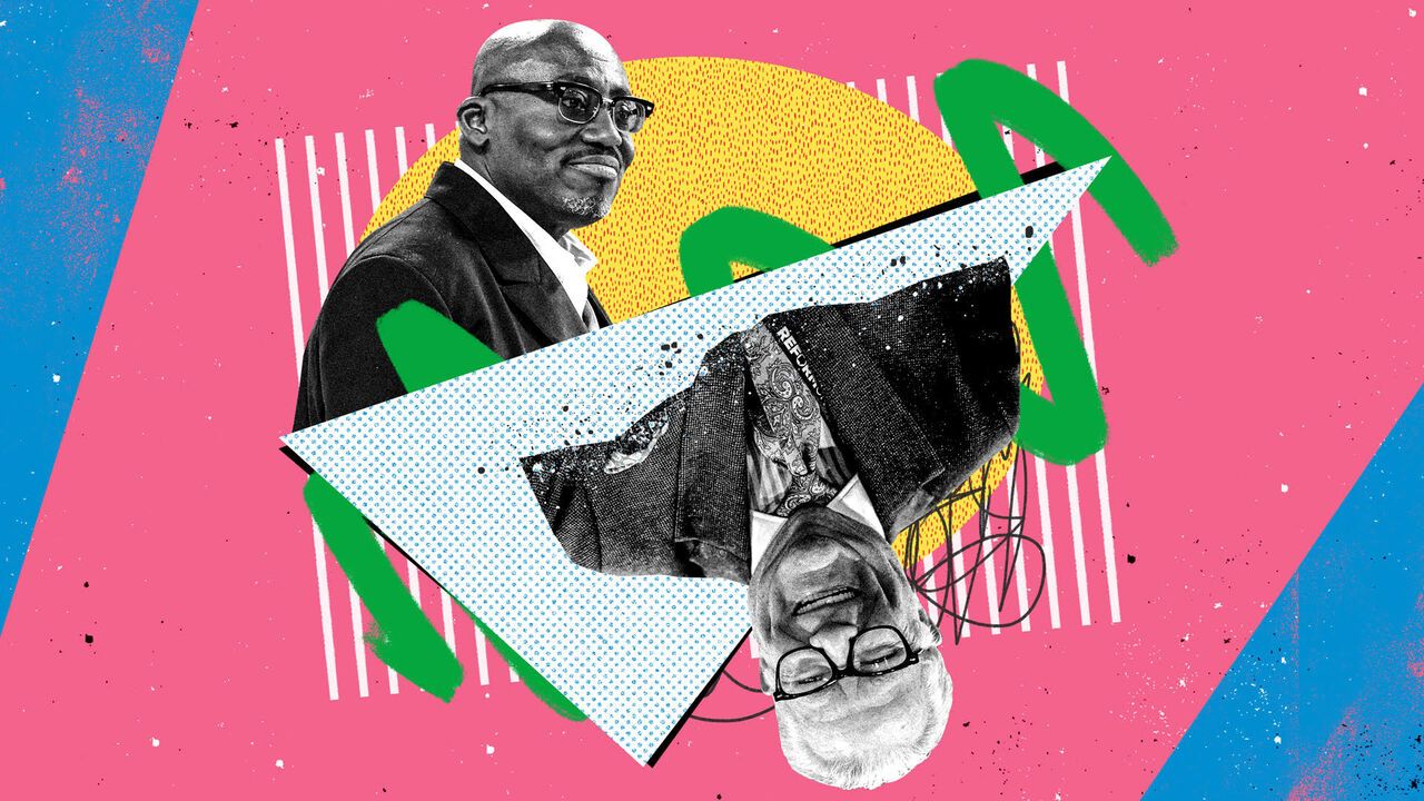 Collage of Jim Davidson and Edward Enninful on a pink, blue and yellow background.