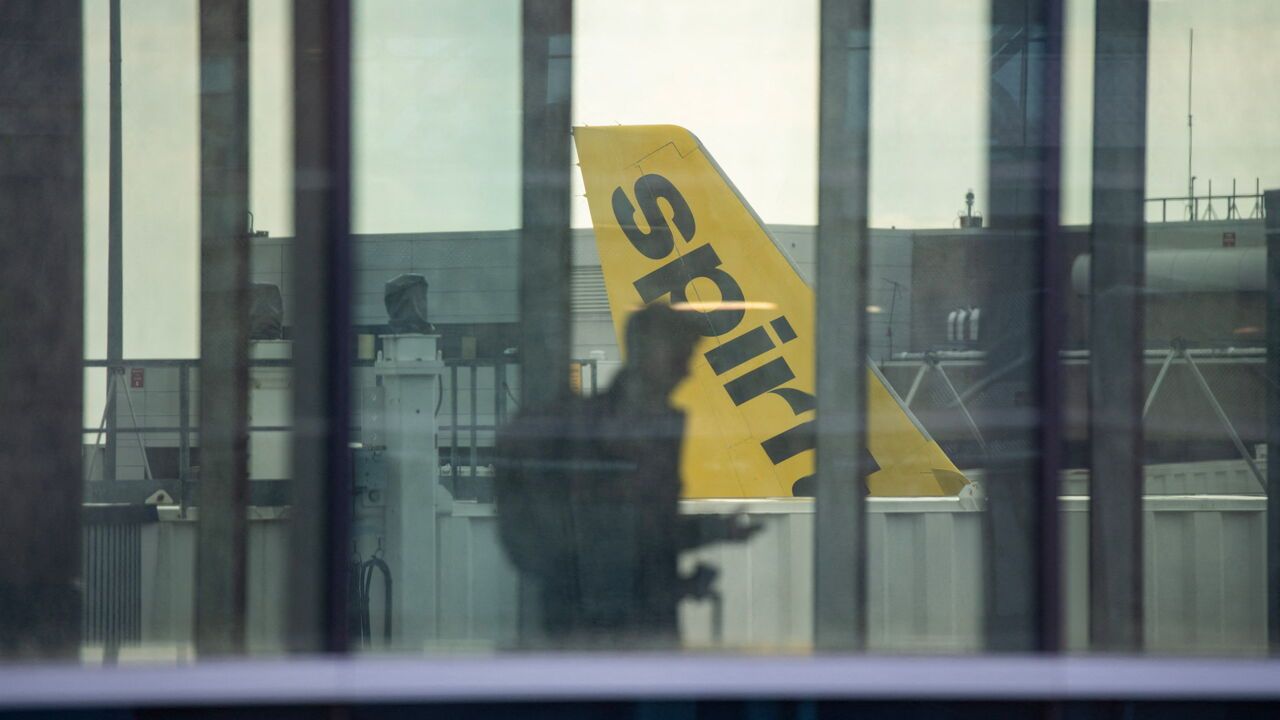 Spirit Airlines jets sat on the tarmac as operations ceased for the company at Logan Airport in Boston, USA