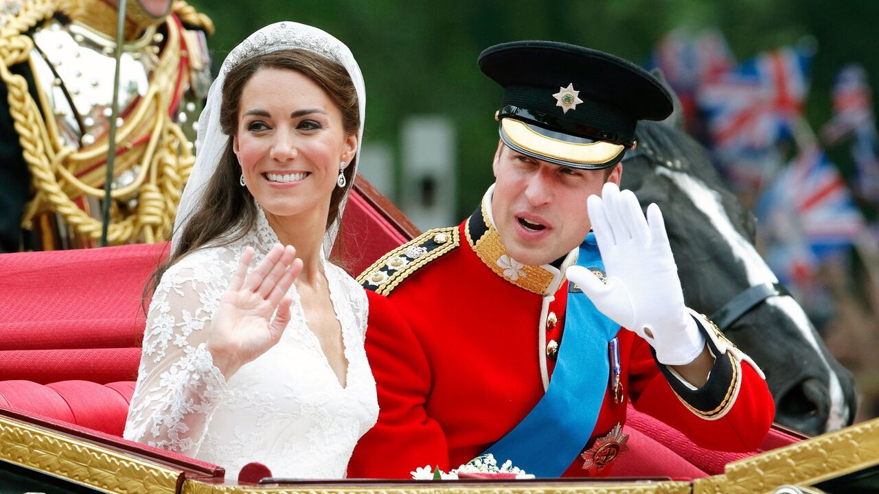 Catherine, Duchess of Cambridge and Prince William, Duke of Cambridge in a horse drawn carriage following their wedding ceremony at Westminster Abbey.