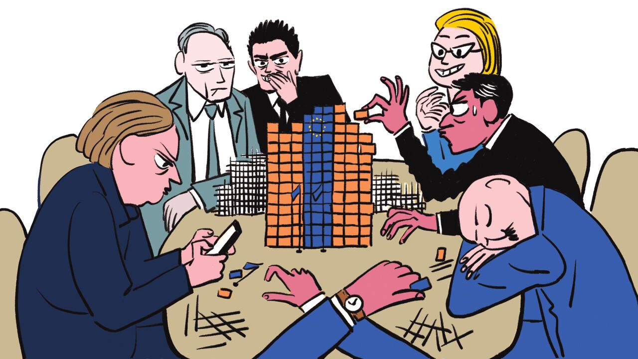 Cartoon of people around a table building a block tower with an EU flag design, showing frustration, distraction, and exhaustion.