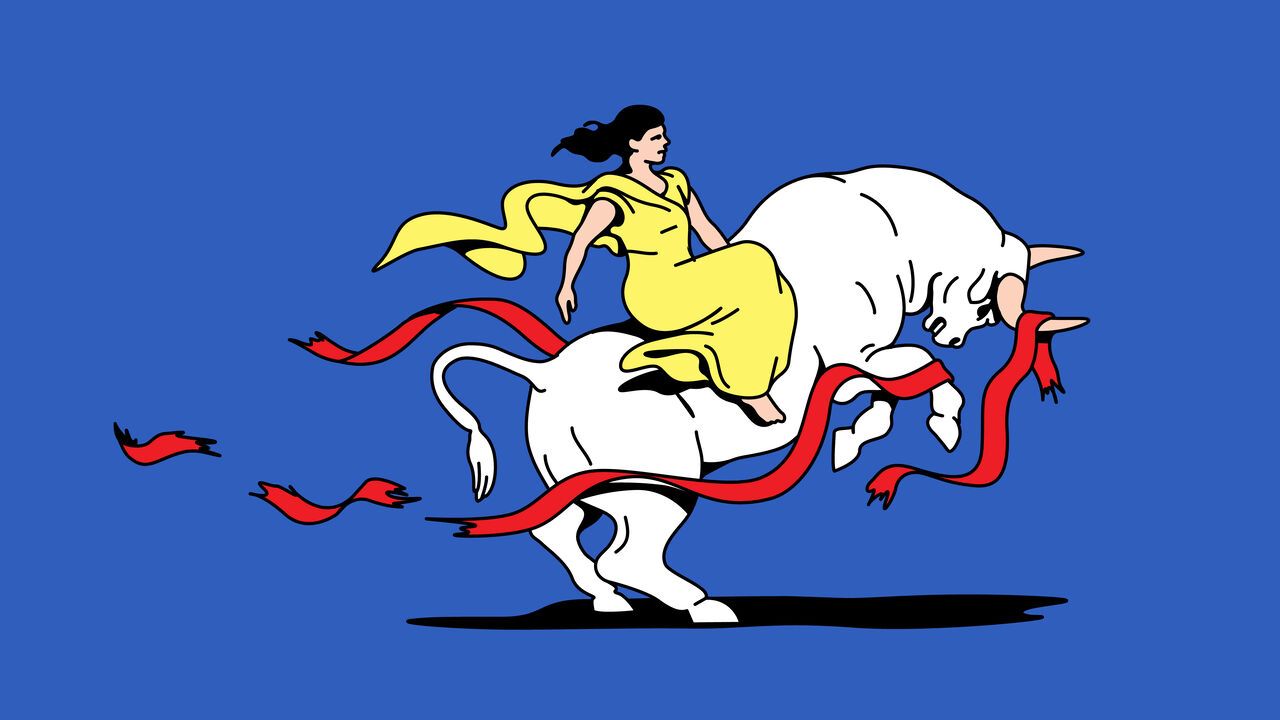 Illustration of Europa riding a bull, brealing up red tape.
