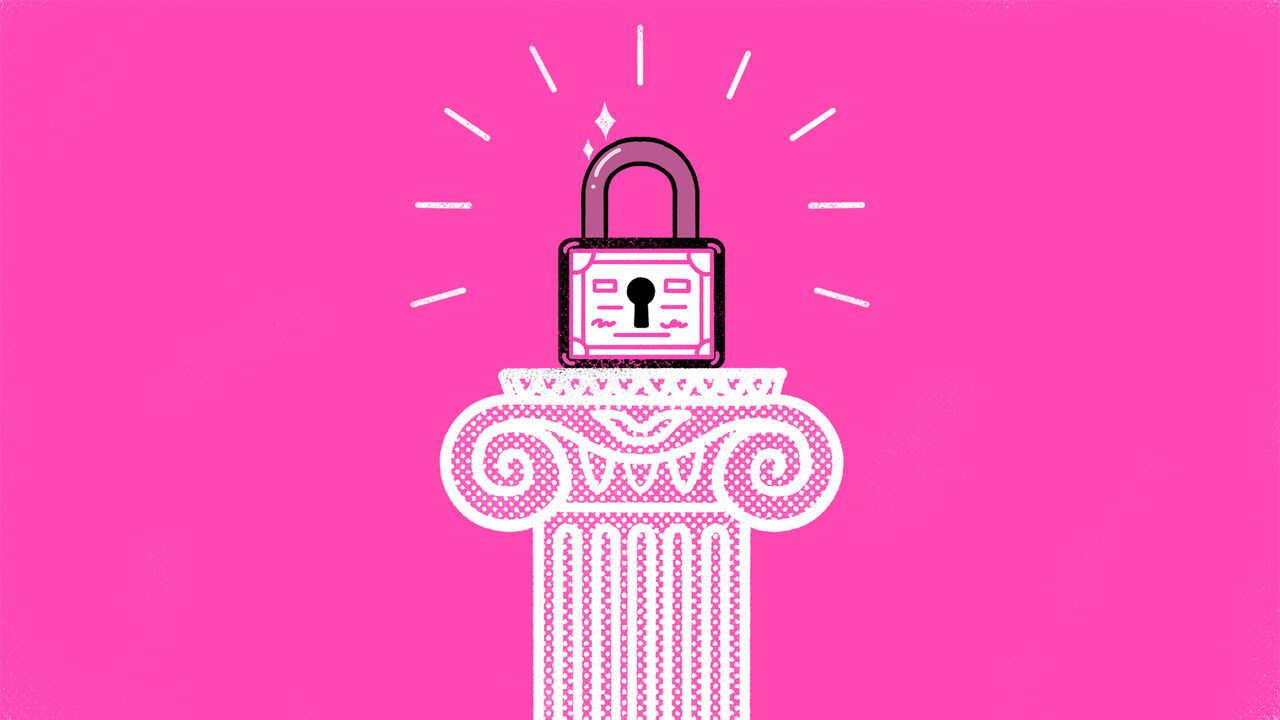 Illustration of a lock with a share certificate on it on top of an ionic column