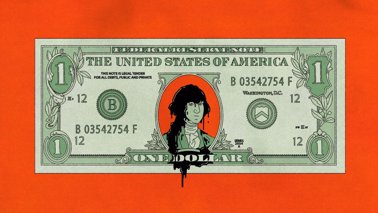 Illustration of a one dollar bill, george washington has crude oil all over and dripping off his head