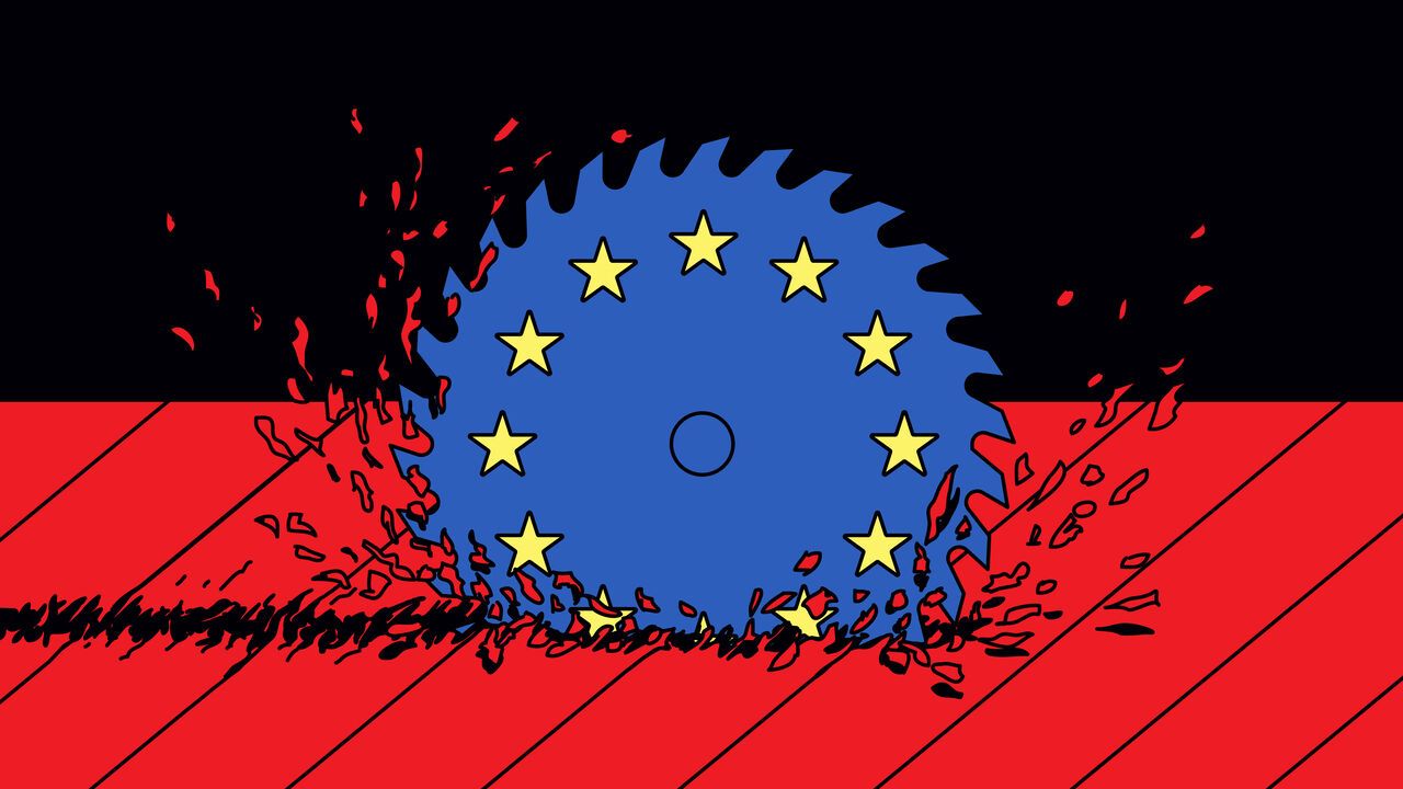 Illustration of the European flag as a circular saw cutting through red tape.