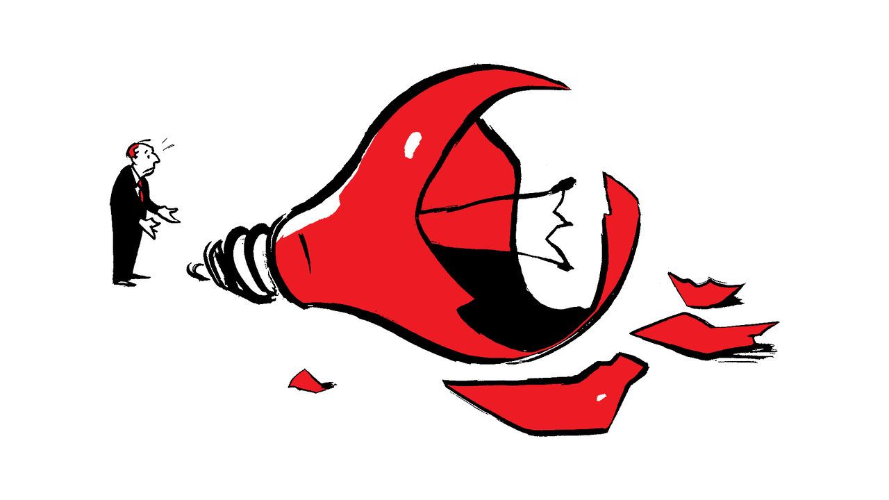 The illustration shows a man looking toward a large, shattered red light bulb lying on the ground. The broken bulb symbolizes a failed idea or lost inspiration, suggesting disappointment, creative failure, or the collapse of a once-promising concept.