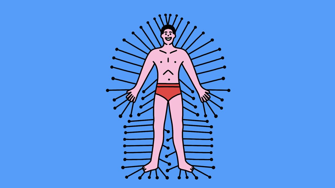 of a man in red briefs with acupuncture needles radiating around his body on a blue background.