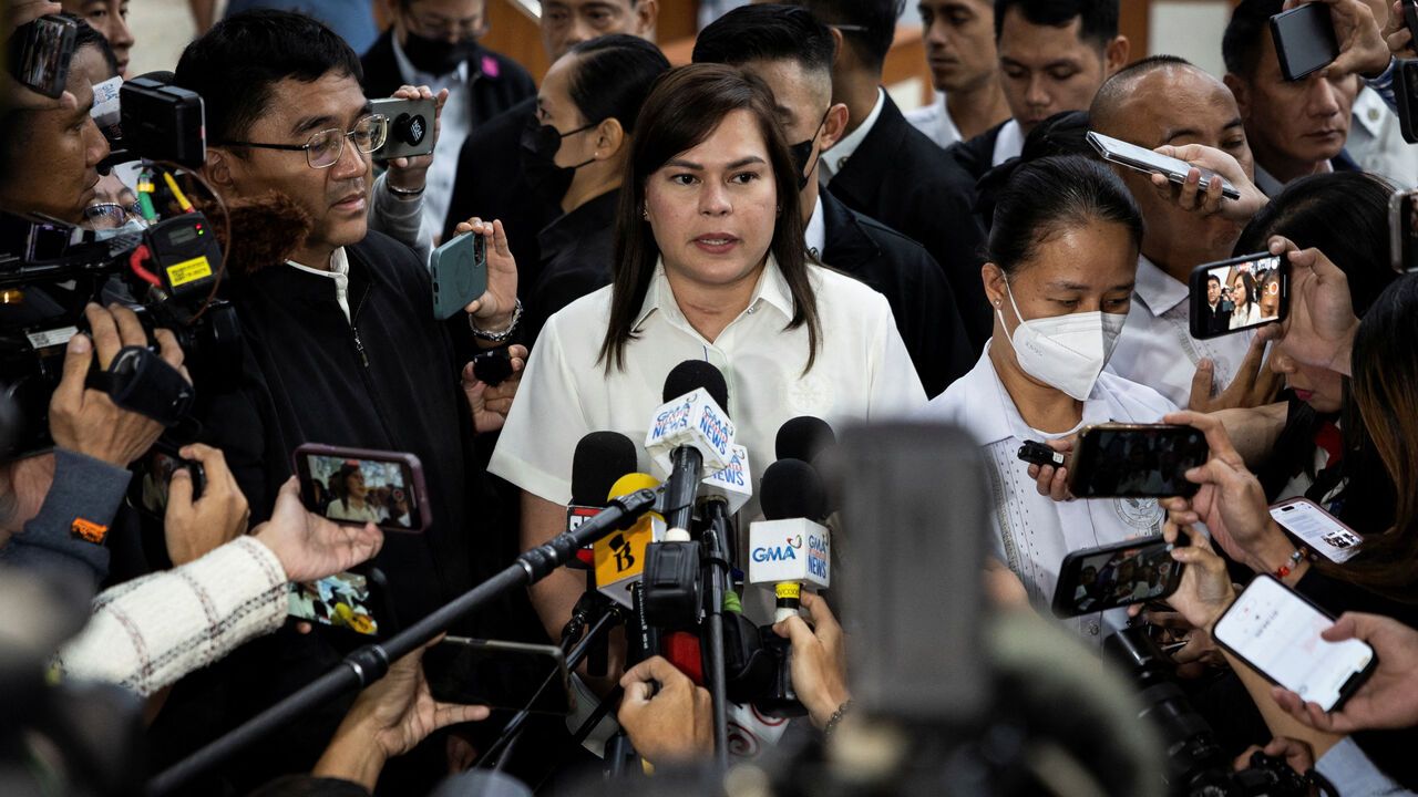 Philippine Vice-President Sara Duterte speaks to the media at the House of Representatives, in Quezon City, Philippines, November 25, 2024.