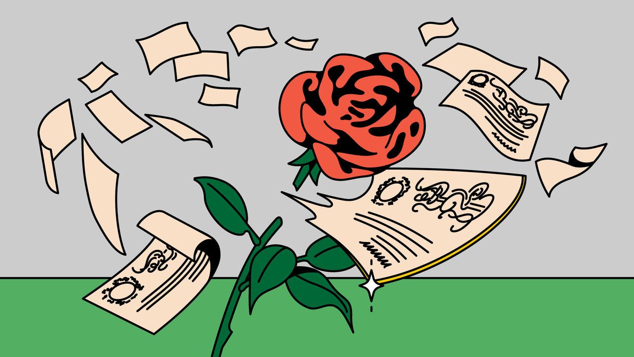 Illustration of the labour rose getting cut in half by a bond certificate.