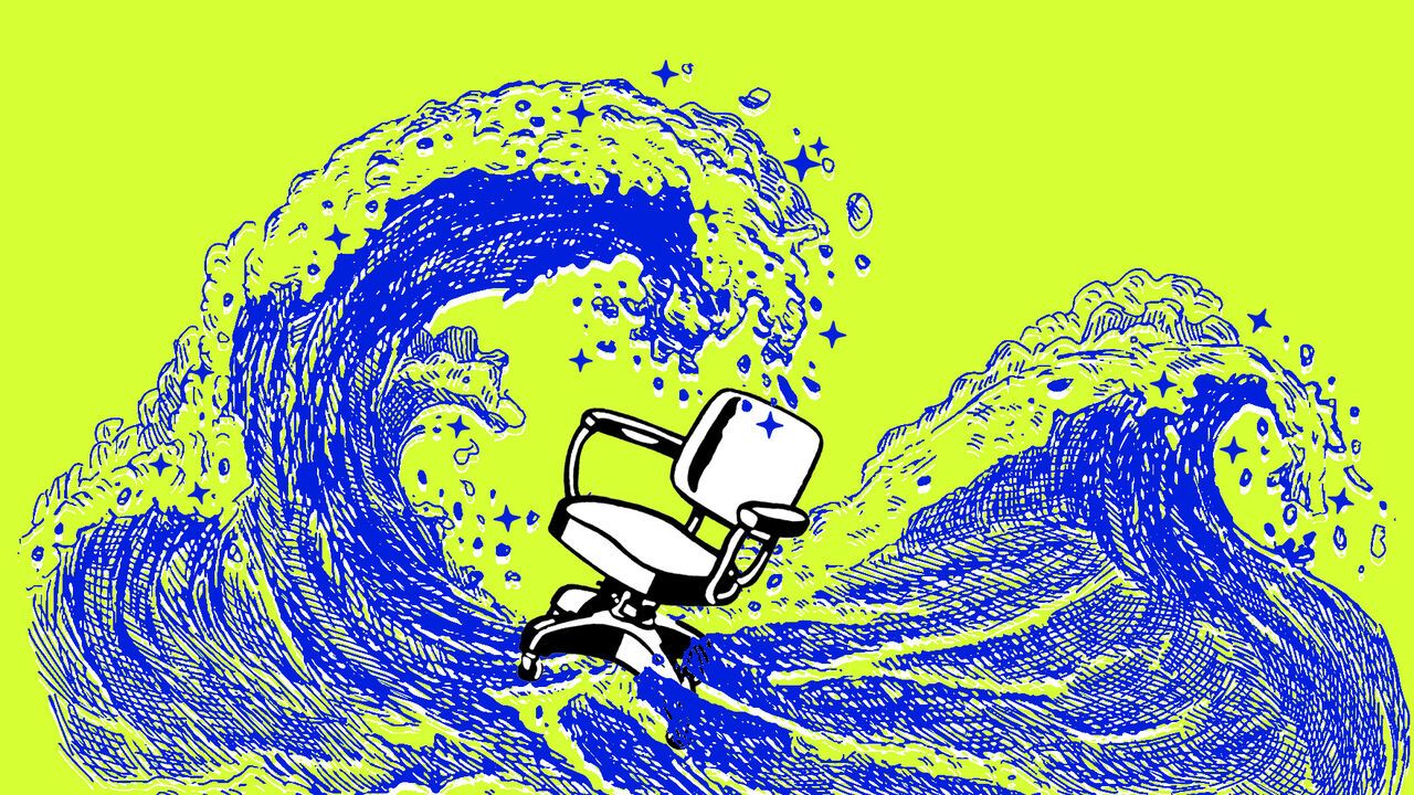 Illustration of a desk chair being swept up by a wave with AI sparkles
