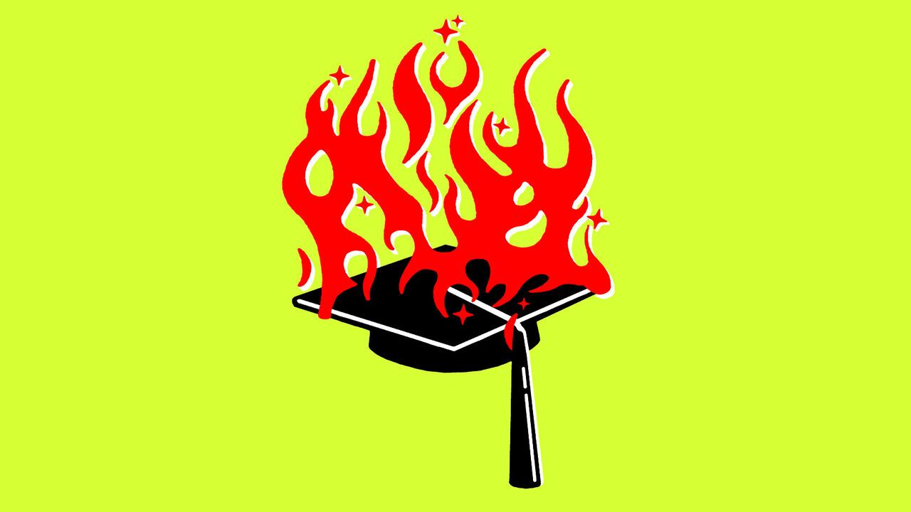 Illustration of a mortarboard on fire with AI sparkles