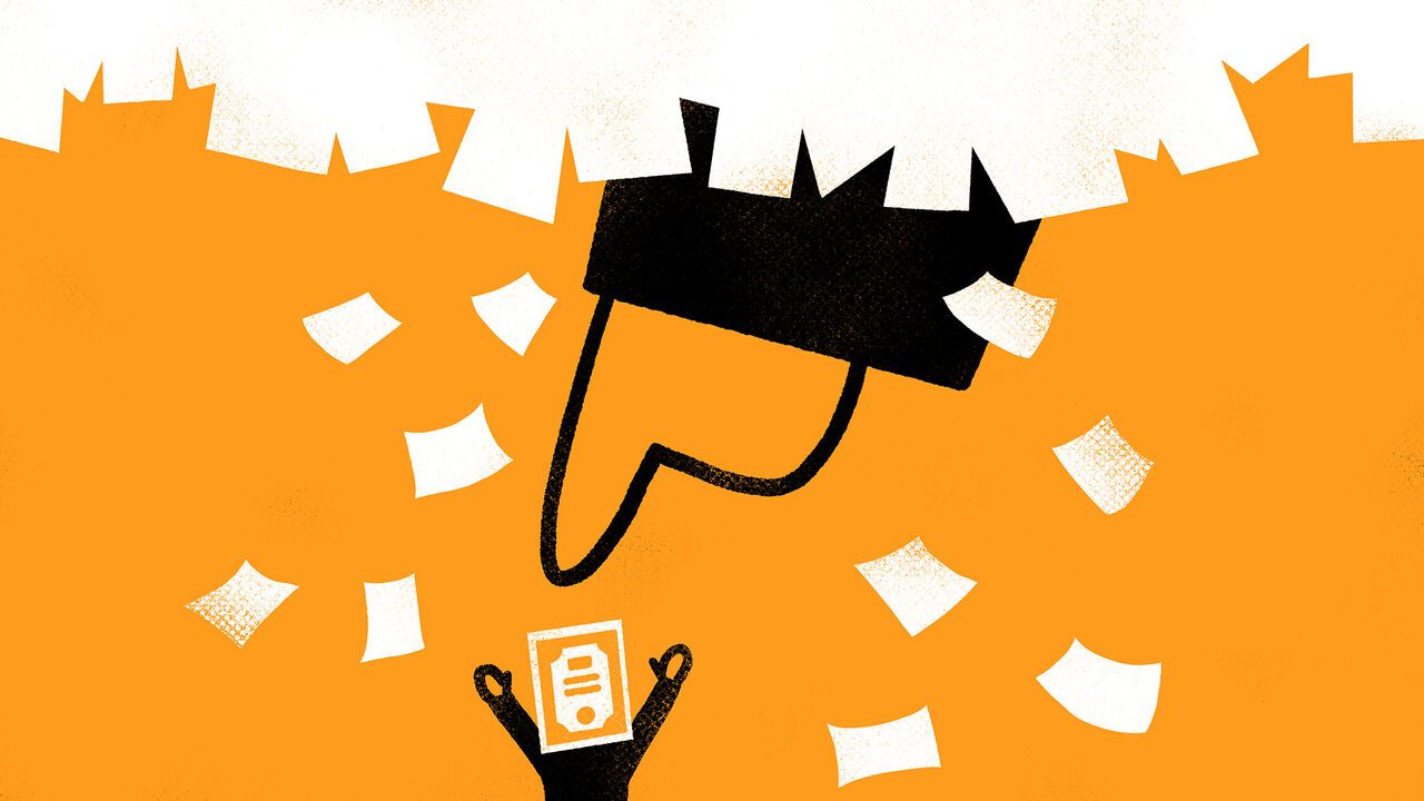 Illustration of a hand pointing out of a cloud made of papers at a little man with a certificate for his head