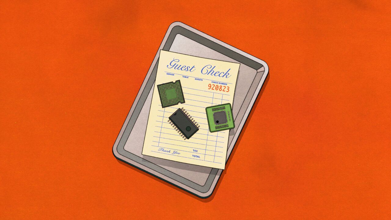 Illustration of a tray with a guest check on it, instead of change on it there are computer chips