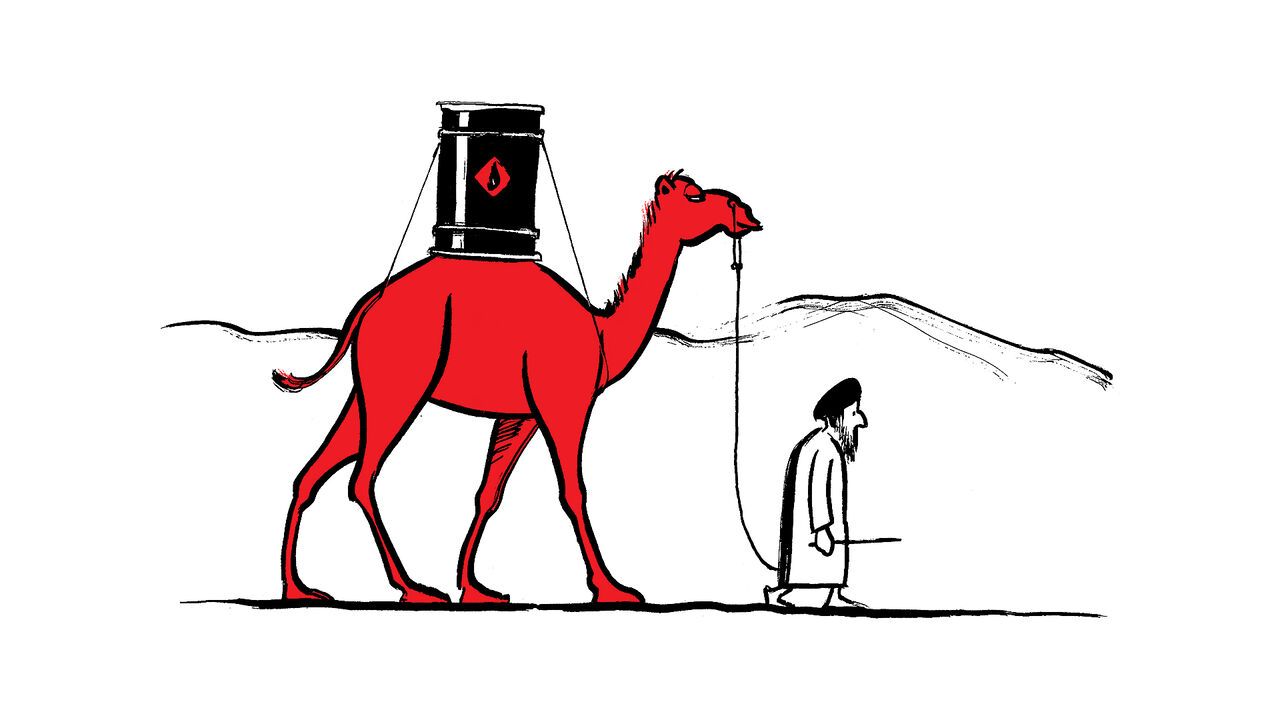 This illustration shows a camel carrying an oil barrel through the desert, symbolizing dependence on oil resources and the connection between traditional desert life and the petroleum industry.