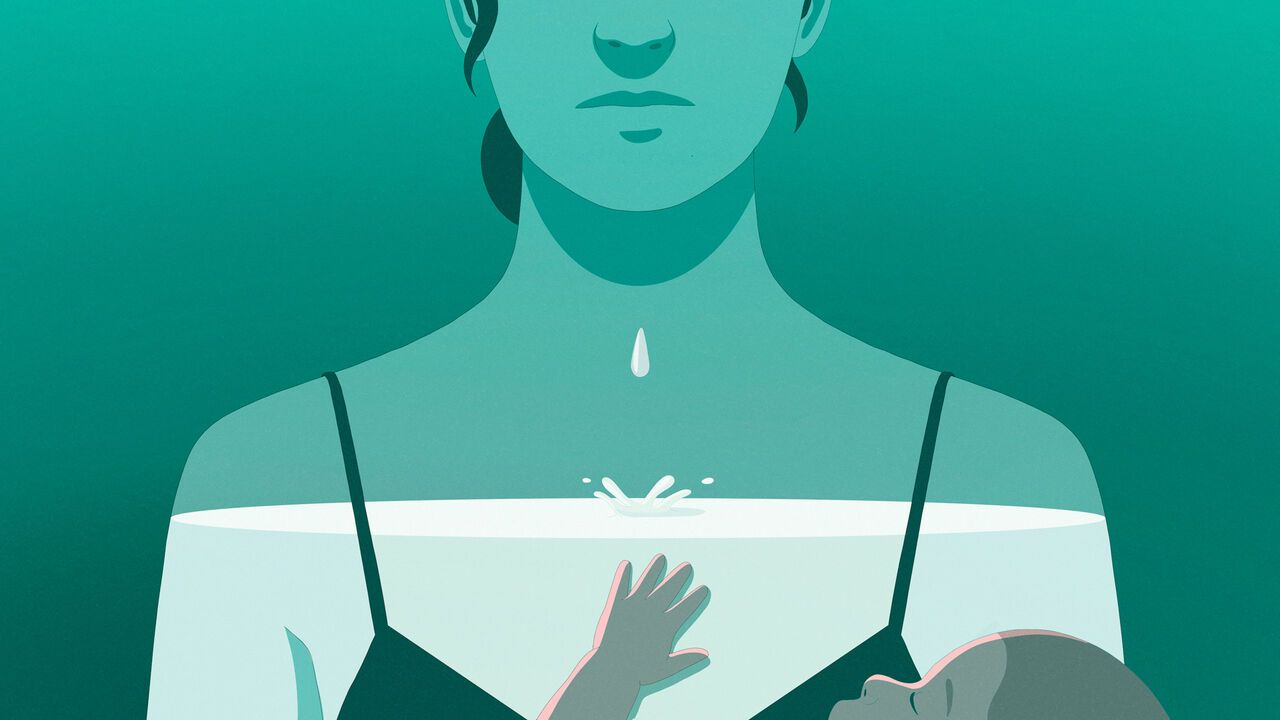 Conceptual illustration about lactology showing a woman partially submerged in liquid, with a droplet falling toward the surface and a baby reaching upward beneath it.
