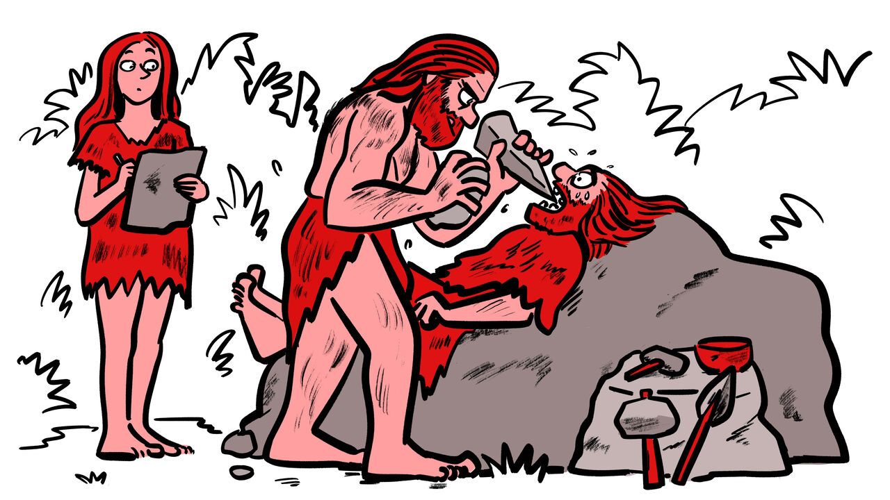 Cartoon illustration of two Neanderthals performing a prehistoric dental procedure with stone tools, surrounded by rocks and primitive objects.