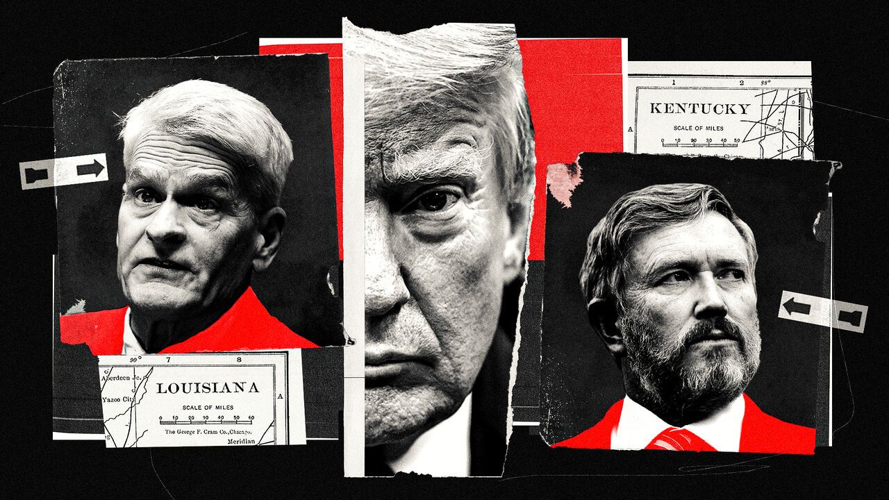 A collage illustration showing Bill Cassidy, Thomas Massi, parts of maps showing Louisana and Kentucky and a close crop of Donald Trump's face in the centre between them.