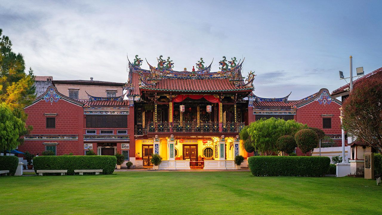 The exterior of Cheah Kongsi Clan House in George Town, Penang, Malaysia in the evening.