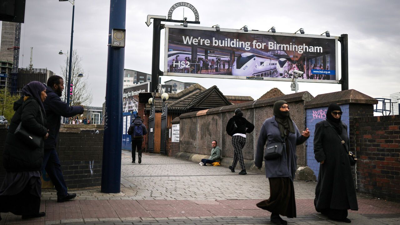 A poster promoting the HS2 rail project stands in the city centre on April 19, 2022 in Birmingham, England.