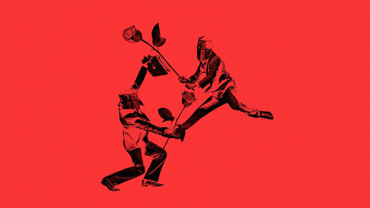 A collage of two politicians men wearing knights helmets and fighting with roses.