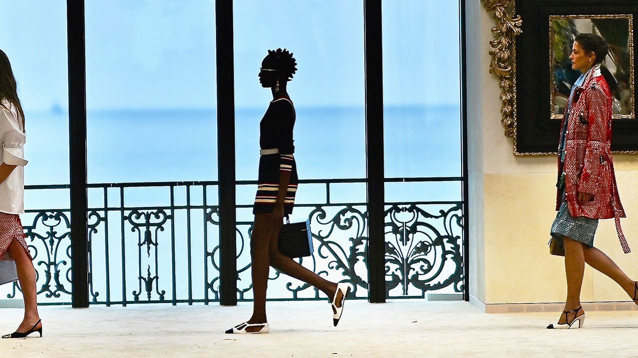 A model walks the runway at the Chanel Cruise 2026-2027 fashion show at Casino Municipal in Biarritz, France