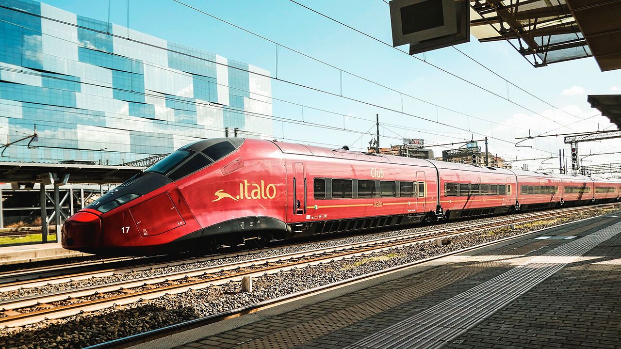 An Italo train crosses the Tiburtina station in central Rome