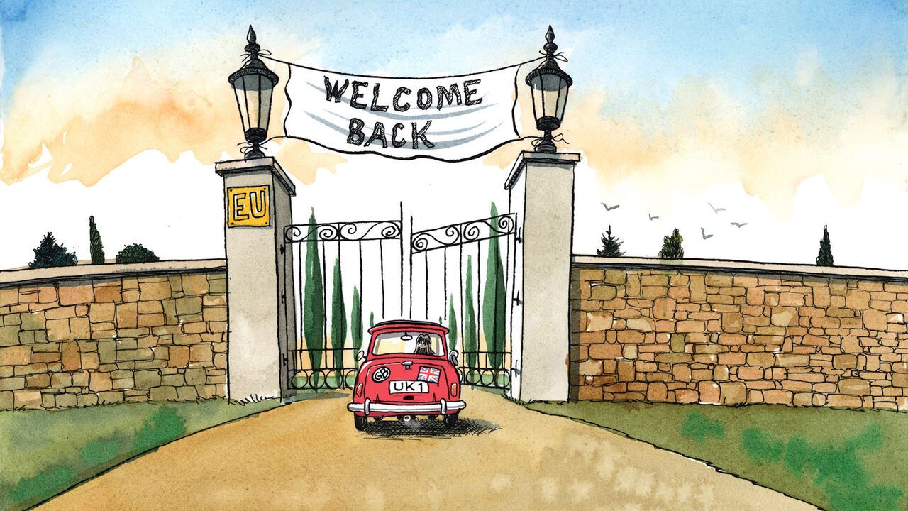 A mini cooper with the UK being welcomed through a gate marked as EU