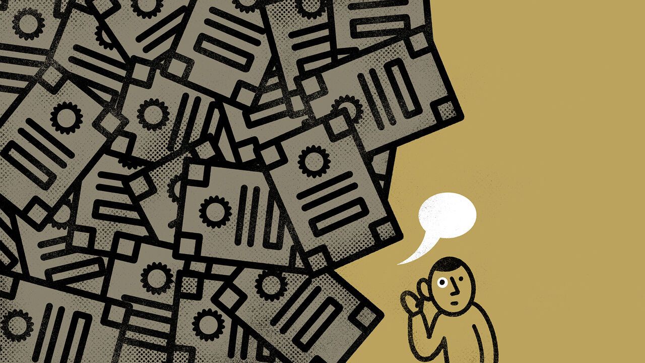 A person listens anxiously as a huge pile of documents looms overhead