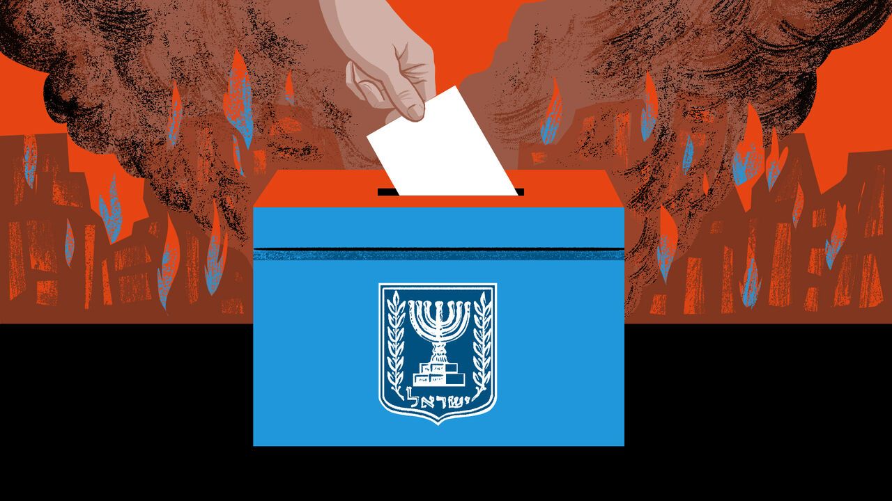 A hand places a ballot into an Israeli voting box while fires burn in the background