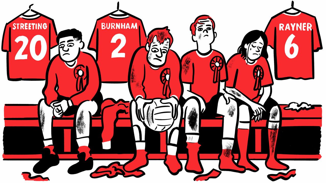 Illustration of members of the Labour party pictured as football players, looking beaten after a game. 