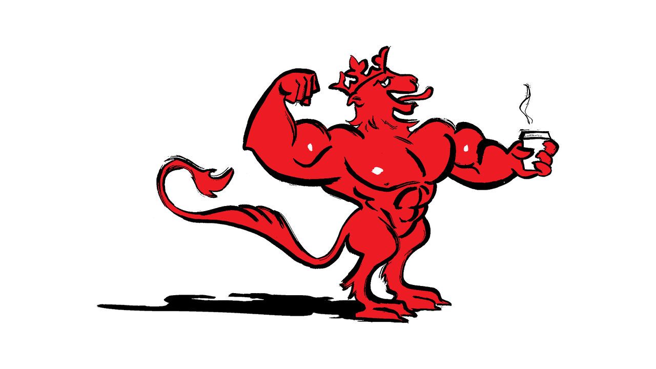 This illustration shows a muscular red creature proudly flexing while holding a hot drink. It symbolizes exaggerated strength, confidence, power, or dominance with a humorous or cartoonish tone.