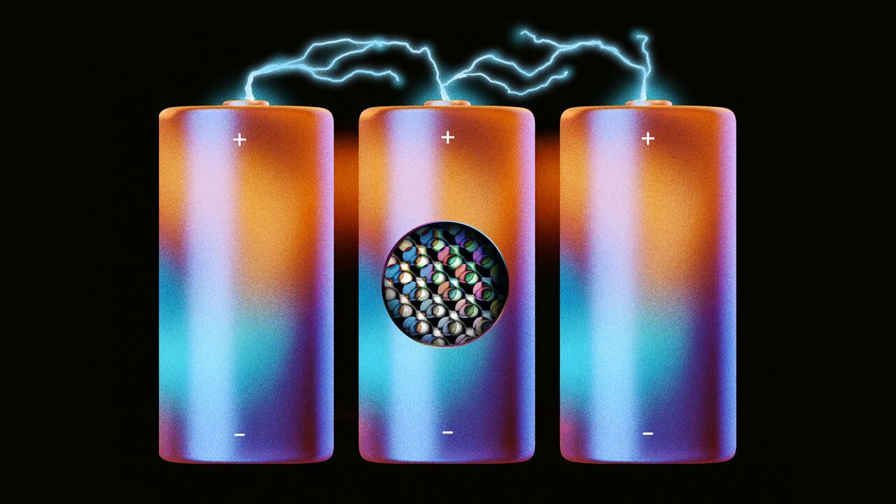 Illustration of three glowing cylindrical batteries against a black background, each releasing blue electrical discharges from the top terminals. The center battery features a circular cutaway revealing a colorful microscopic pattern inside