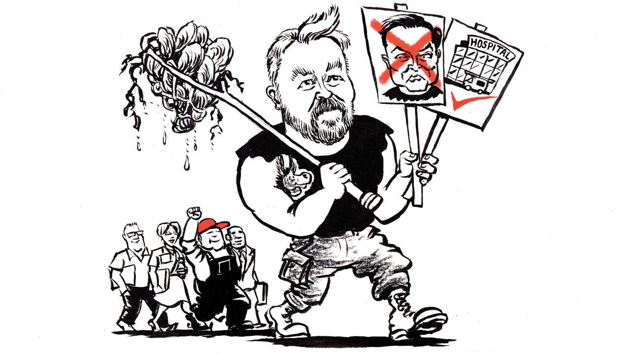 cartoon of Graham Platner marching with signs criticizing a political figure and highlighting hospital issues, followed by a small group of supporters