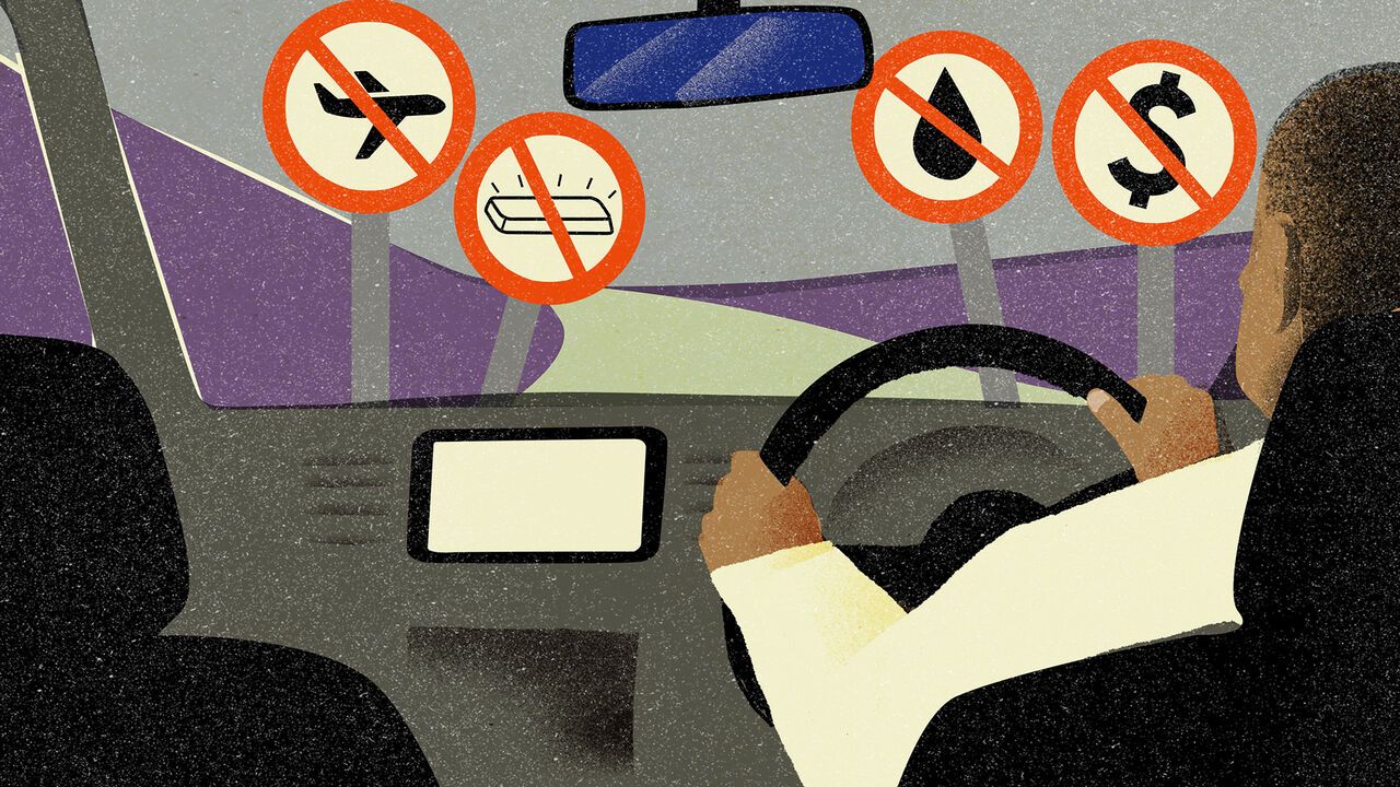 Illustration of someone driving with road signs warning of bad effects on flights, oil, the dollar and gold