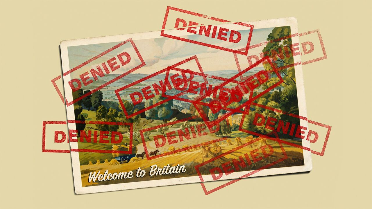 A postcard of the Cotswolds saying 'Welcome to Britain'. The postard is covered in DENIED stamps.