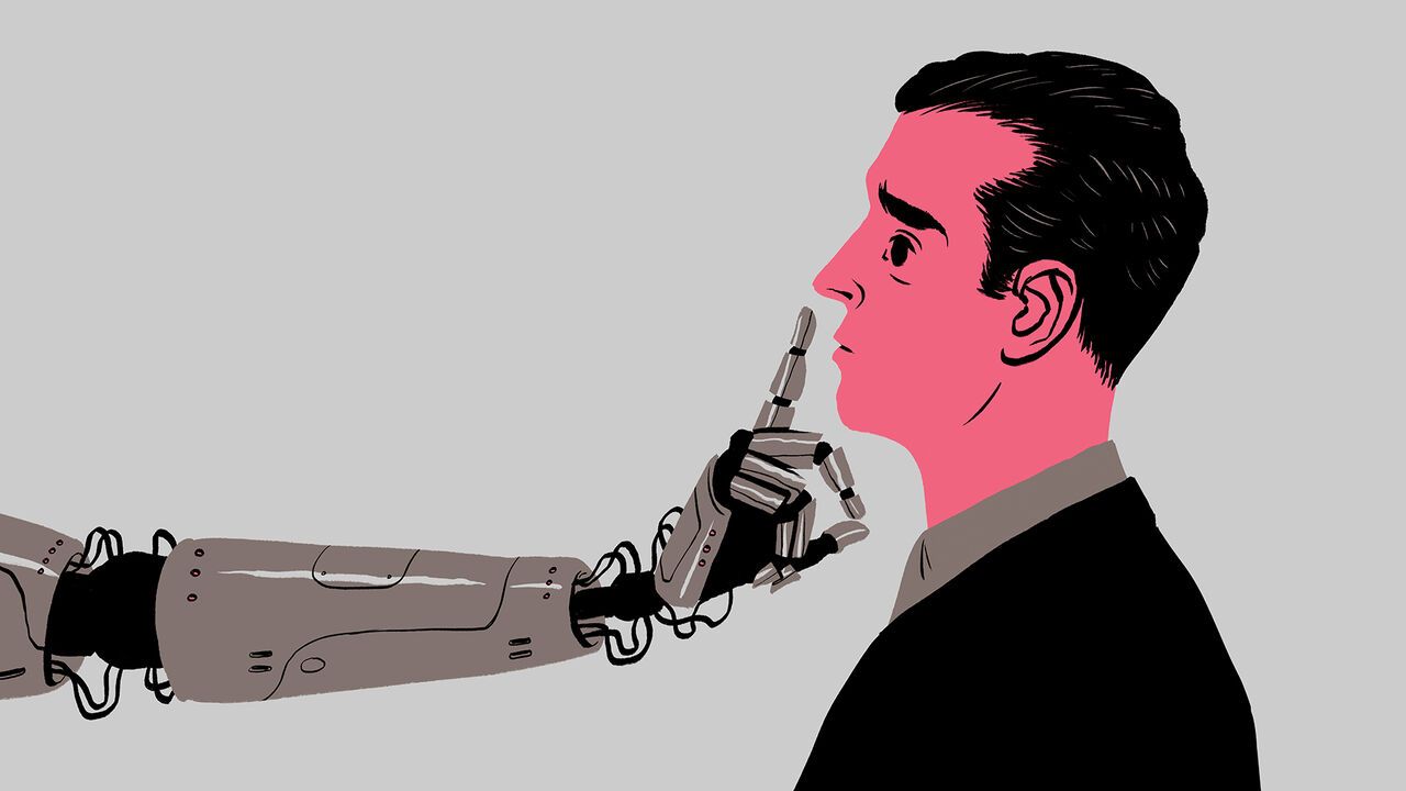 Illustration of a frightened man being shushed by a robotic hand
