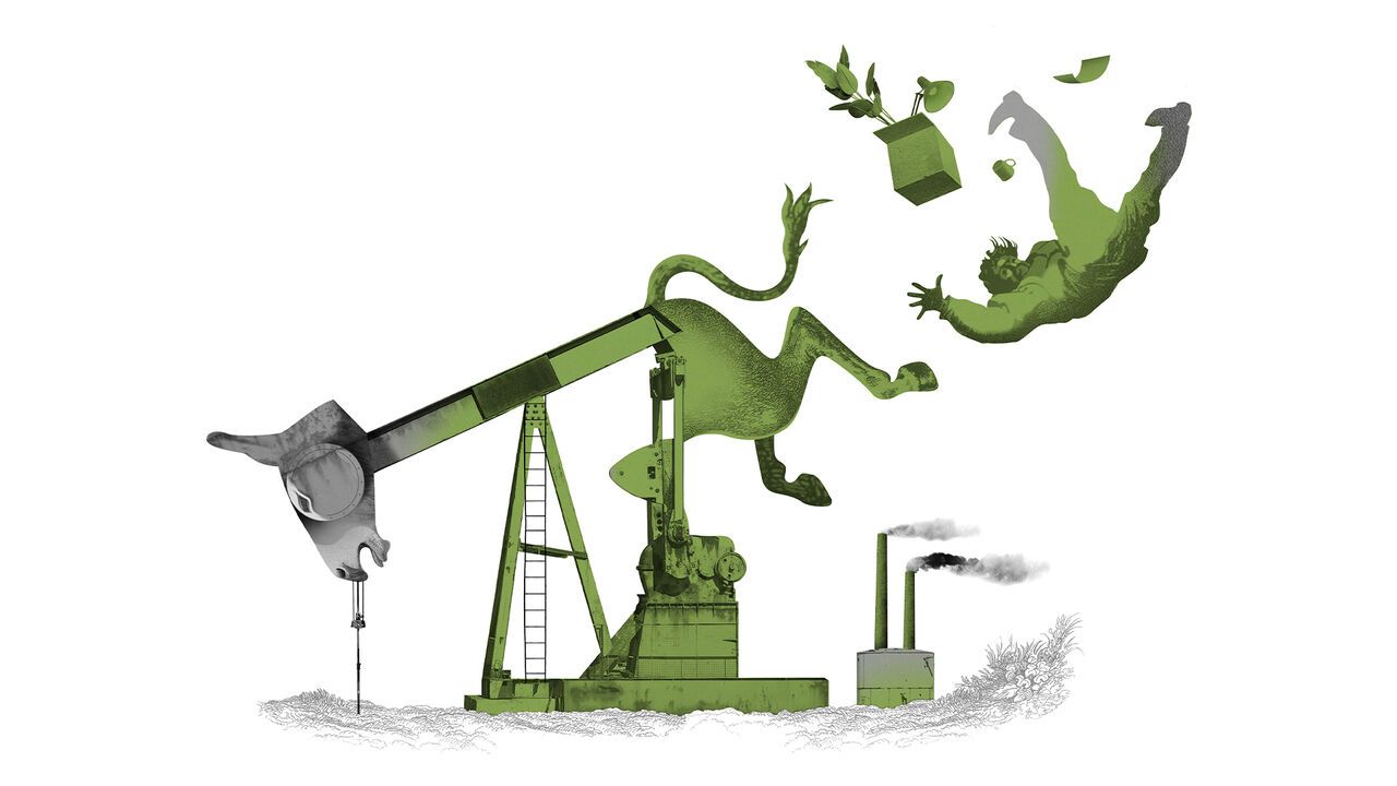 Illustration of a man being bucked by an oil drill that resembles a mule